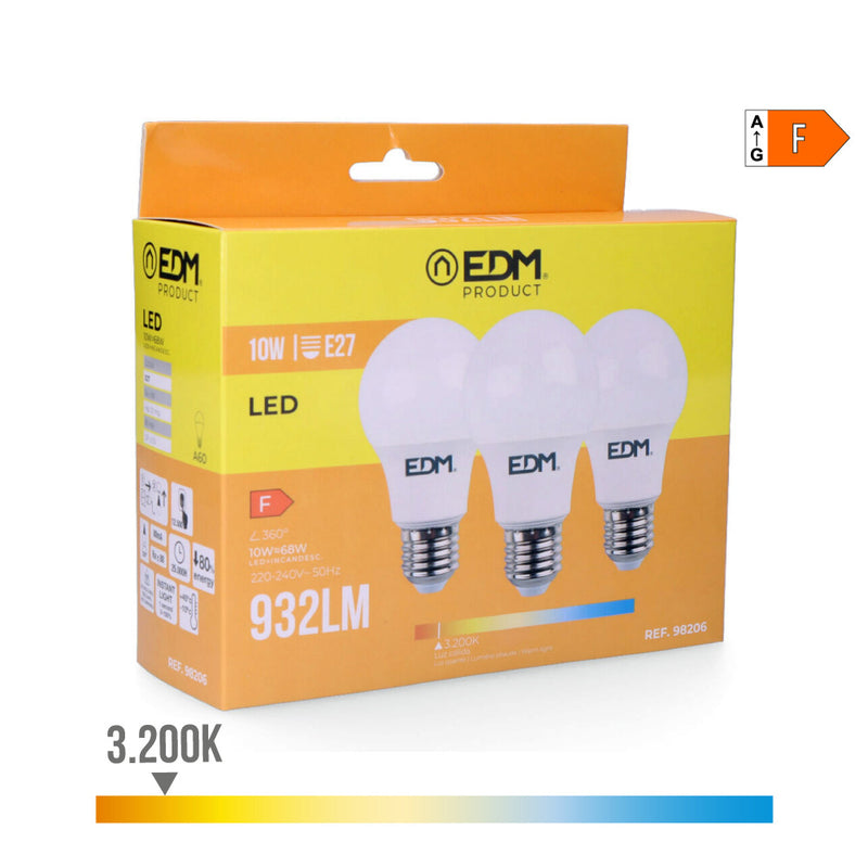 Kit 3 Bombillas Standard Led E27 10W 932Lm 3200K Luz Calida Ø6X10,8Cm Edm