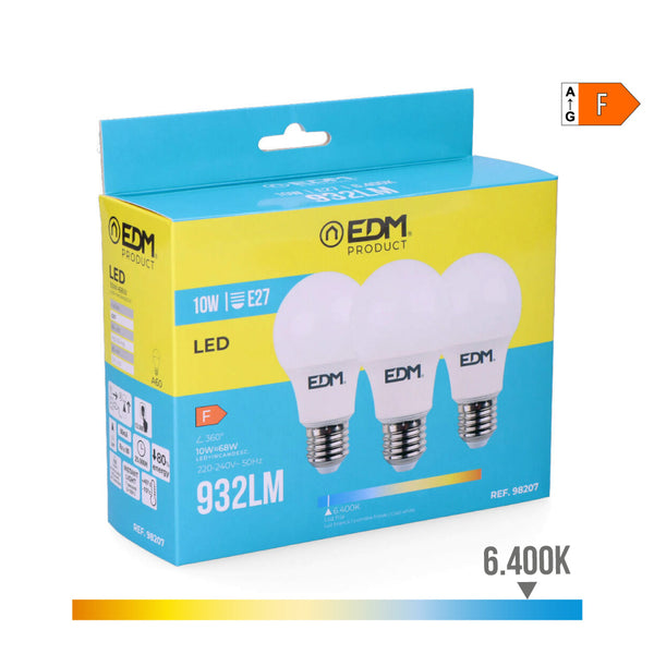 Kit of 3 Standard Led Bulbs E27 10W 932Lm 6400K Cold Light Ø6X10.8Cm Edm