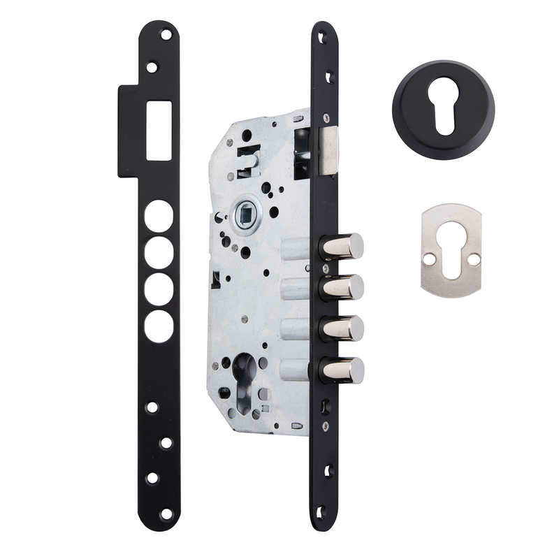 Cerradura de seguridad de 50mm canto redondo con 4 bulones de acero acabado negro