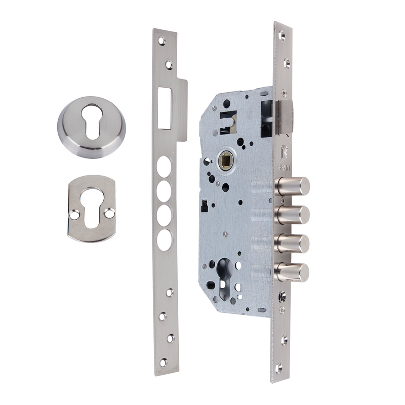 Cerradura de seguridad de 60mm canto recto con 4 bulones de acero acabado níquel satinado