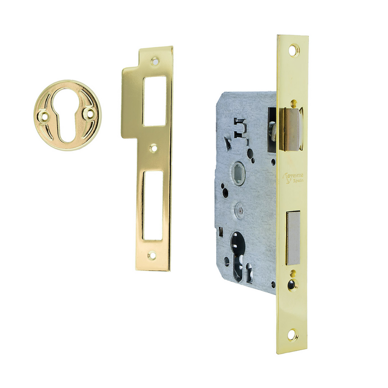 Cerradura de embutir de 47 entre ejes y 50 hasta bocallave canto recto latonado