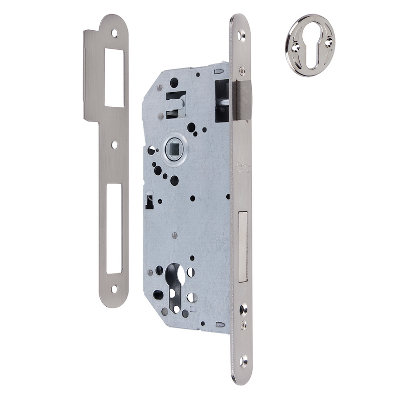 Cerradura de embutir de 50mm para bombín europeo frente canto redondo con 85mm entre ejes acabado níquel satinado