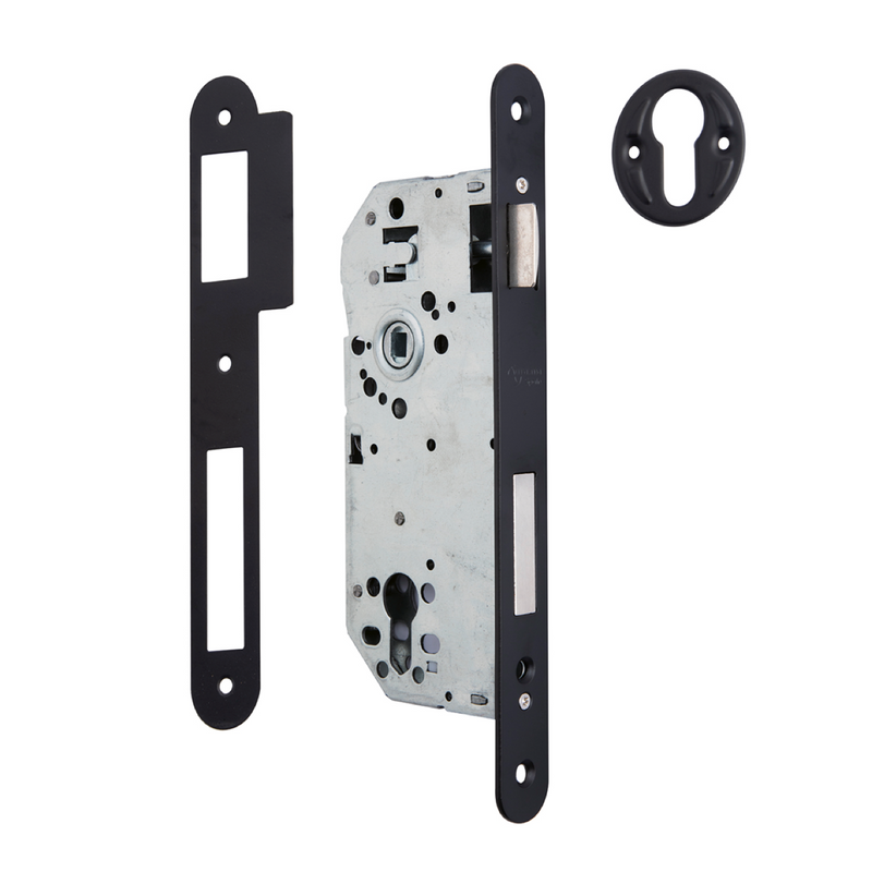 Cerradura de embutir de 50mm para bombín europeo frente canto redondo con 85mm entre ejes acabado negro