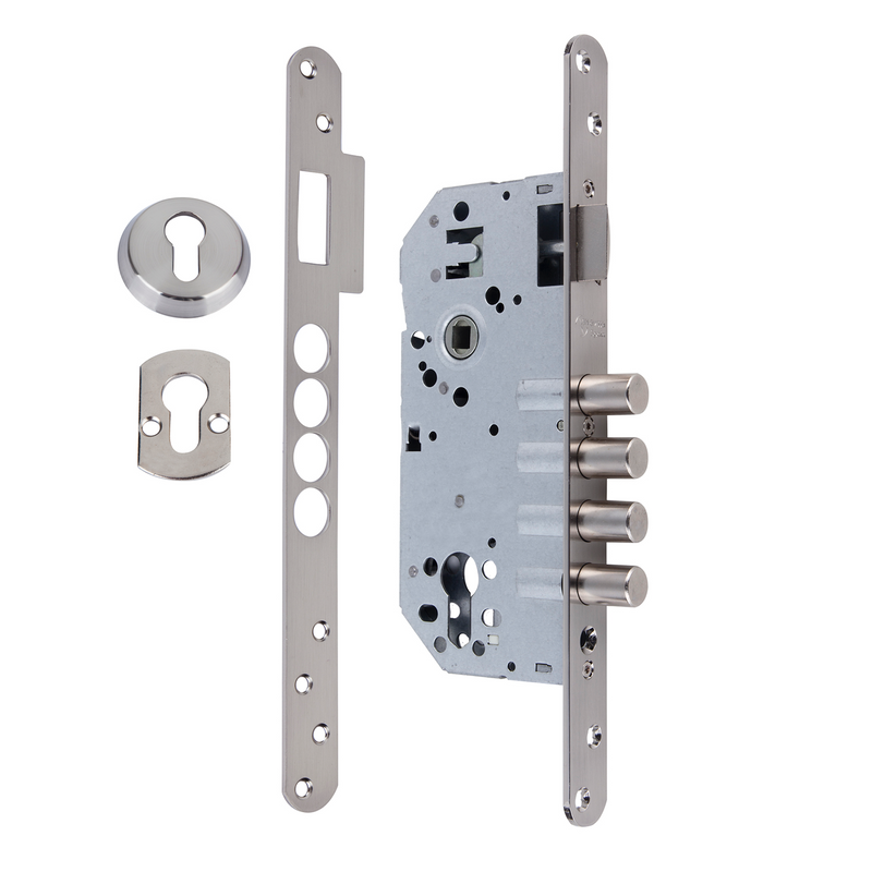Cerradura de seguridad de 60mm canto redondo con 4 bulones de acero acabado níquel satinado