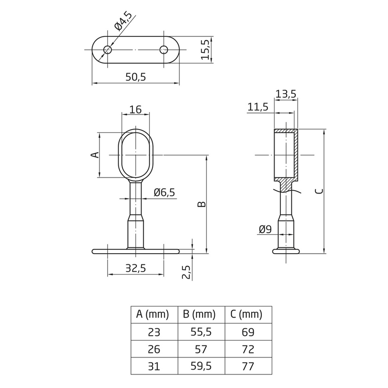 Soporte lateral ovalado de zamak en cromo brillo de 22x15x69mm para sujeción de tubos de armarios