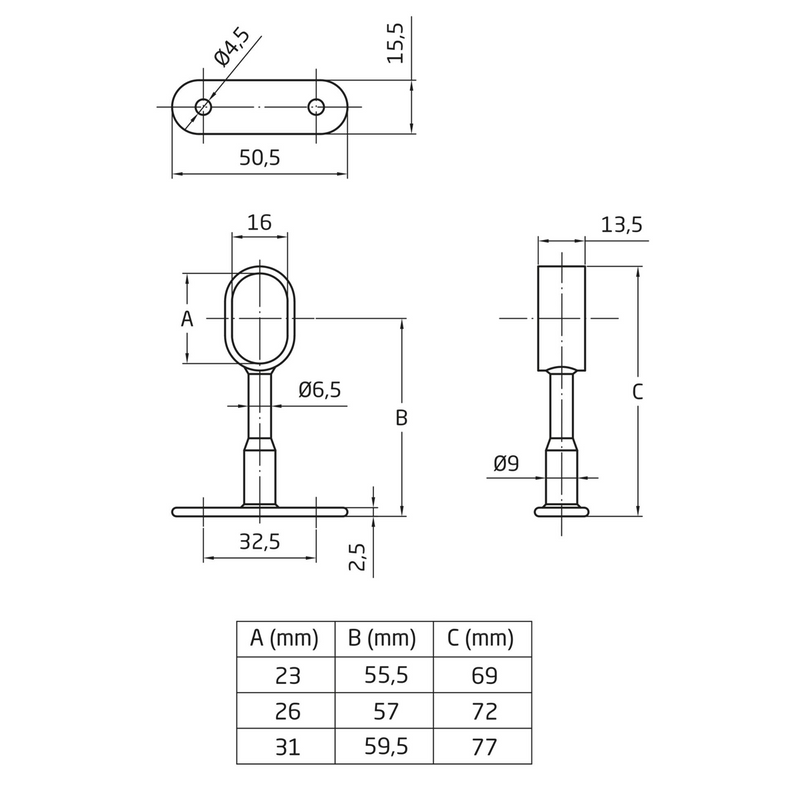 Oval central support made of zamak in shiny chrome, 25x15x72mm, for holding cabinet tubes