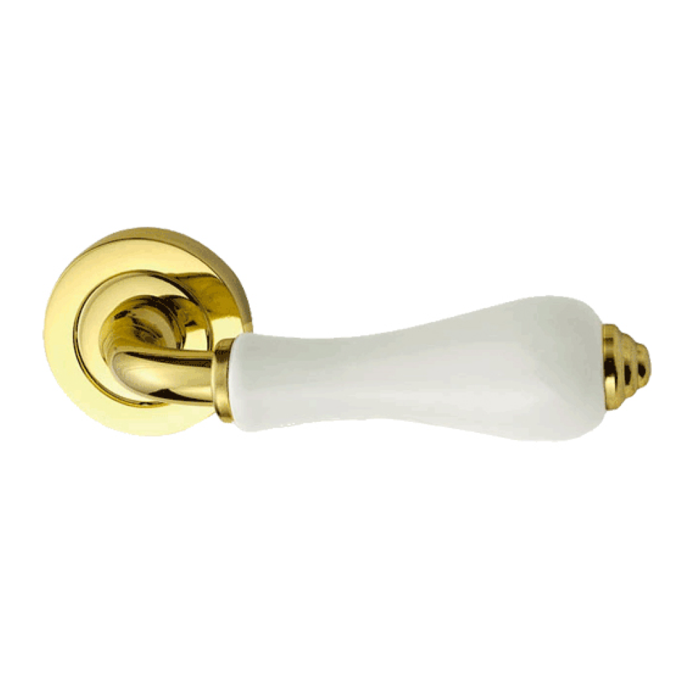 Manilla con roseta redonda en acabado dorado brillo y porcelana para puertas modelo 8201