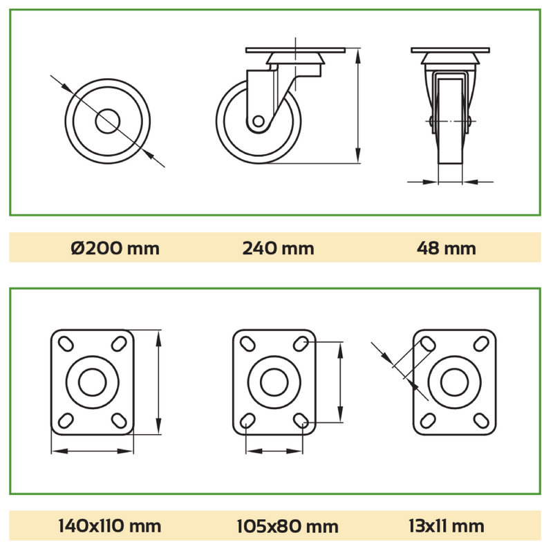 Rueda de nylon blanca con pletina de Ø200mm de giro 360º soporte hasta 400kg