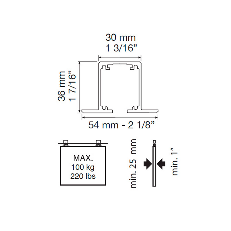 Guía 2213 de embutir plateada para herrajes de puerta corredera Lite+ 100 TOP de 3 metros de largo