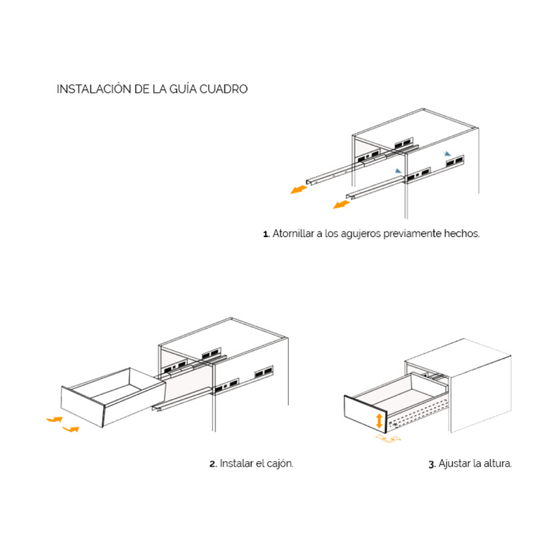 Juego de guías cuadro de 400mm de extracción total con cierre silencioso y regulación 3D