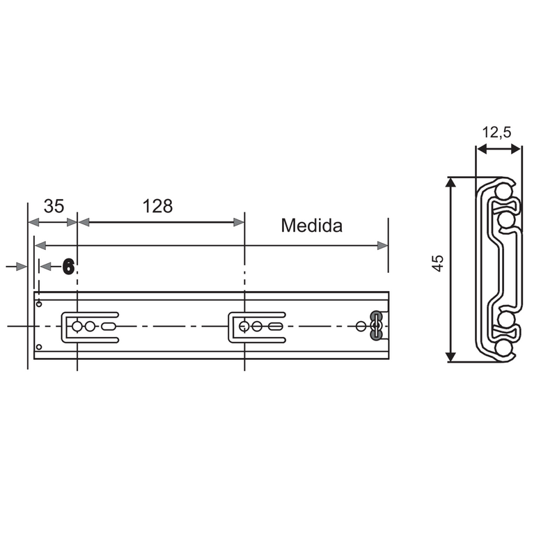 Juego de guías inox 304 con rodamientos de H45 extracción total 450mm de largo con cierre silencioso