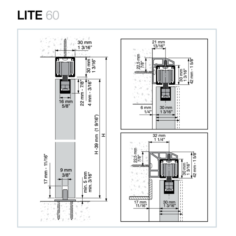 Juego de herrajes para puerta corredera Lite 60 retráctil modelo 2110