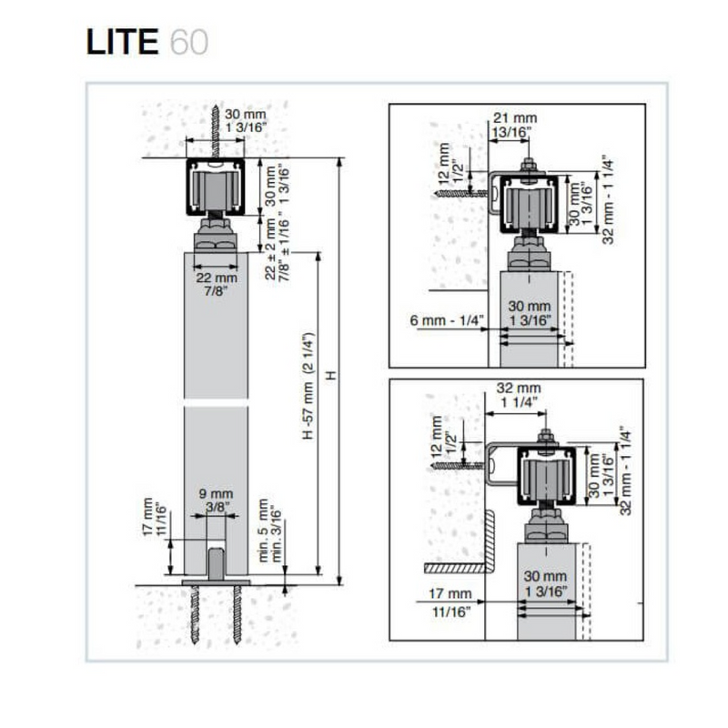 Juego de herrajes para puerta corredera Lite 60 con pletina superior modelo 2100