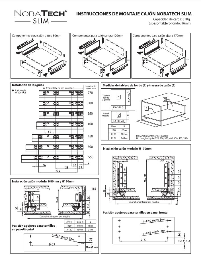 Set blanco de cajón modular SLIM de extracción total y cierre silencioso de 170 de alto y 350 de ancho