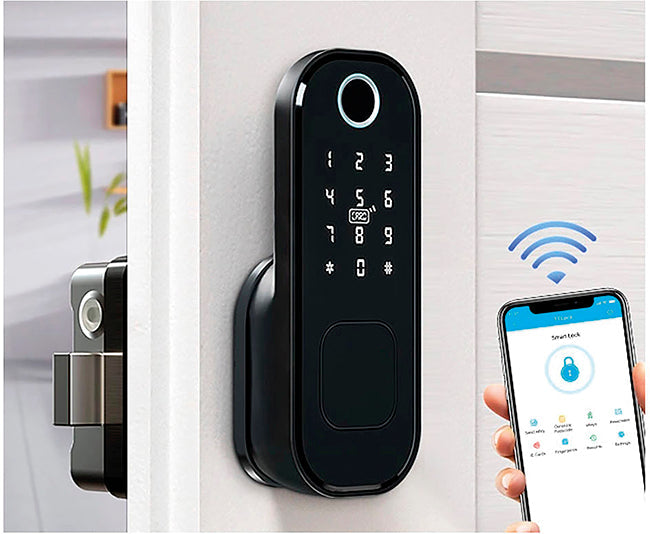 Cerradura de sobreponer electrónica en aluminio negro con huella, Bluetooth e IP65 para exterior