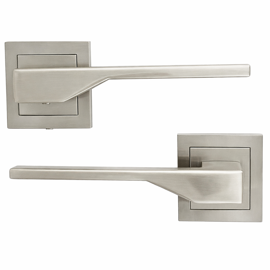 Manilla elegante de zamak con roseta cuadrada acabado níquel satinado para puertas modelo '520'