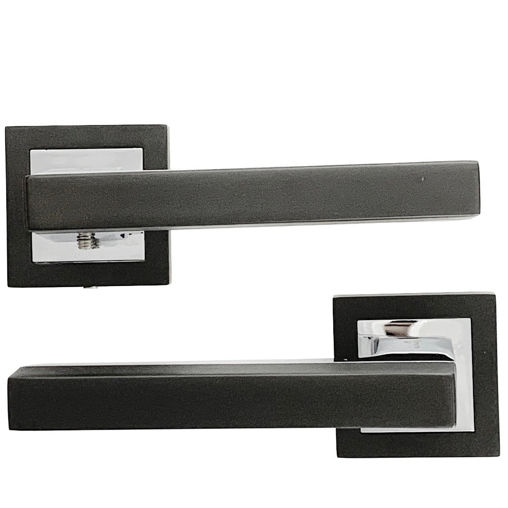 Juego de manillas con roseta cuadrada de zamak acabado bicolor grafito modelo 848 para puertas