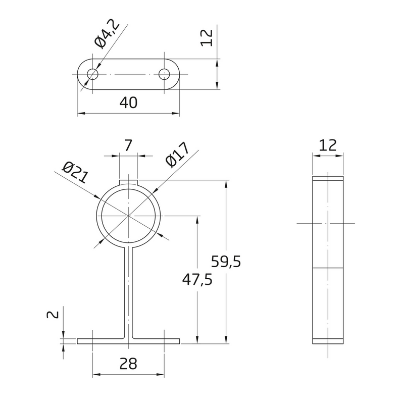 Soporte central de aluminio en oro de Ø16mm para sujeción de tubos de armario