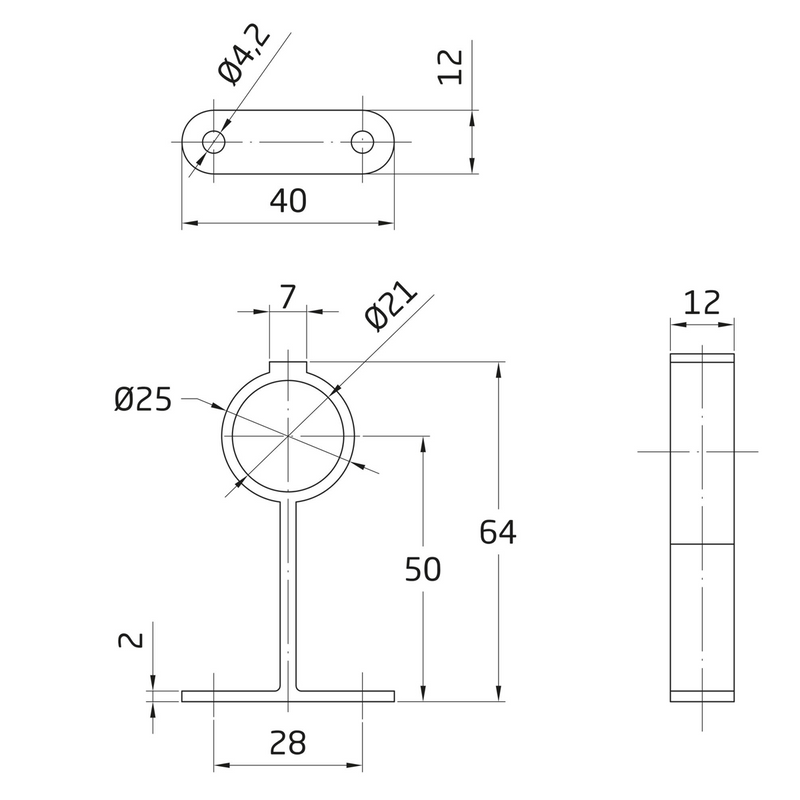 Soporte central de aluminio en oro de Ø20mm para sujeción de tubos de armario