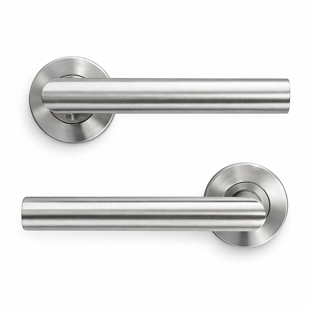 Manilla tubular Morrigan de acero inoxidable para puertas con Roseta Redonda
