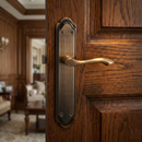 Puxador rústico modelo '4001' com placa oval curva e acabamento em couro para portas 