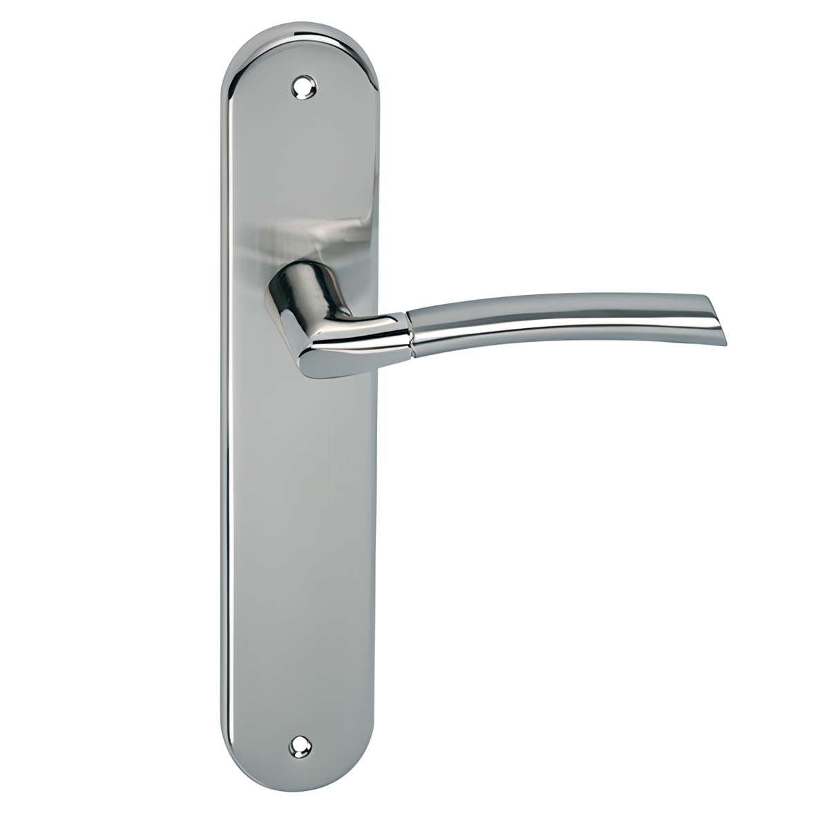 Manilla modelo '430' con placa ovalada de zamak en acabado níquel combinado para puertas