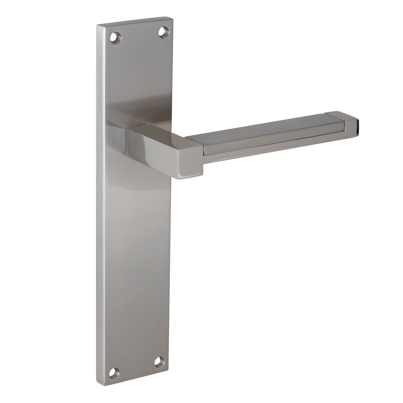 Manilla modelo 610 con placa rectangular de zamak acabado níquel satinado para puertas