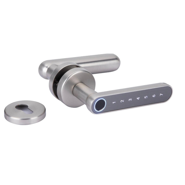 Manilla electrónica con roseta redonda acabado gris con huella, pin y bluetooth