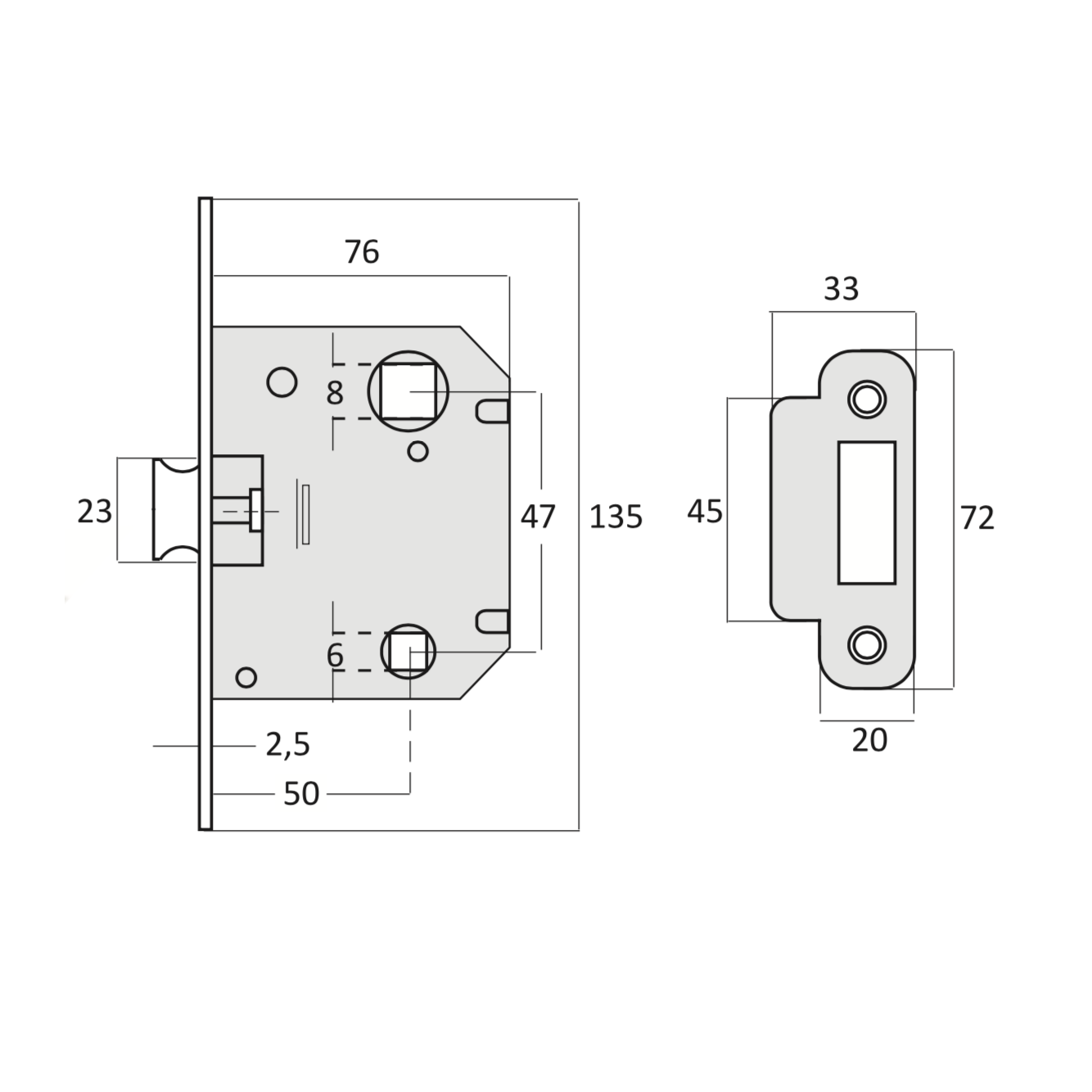 Picaporte unificado reversible entrada 47mm acabado dorado brillo canto redondo