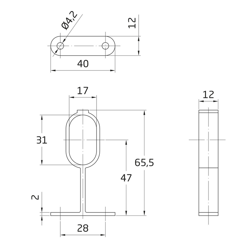 Soporte central de aluminio niquelado para barra de armario ovalado de 30x15x66mm