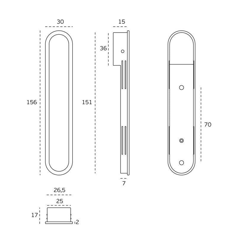 Tirador basculante inoxidable de 156x30mm para el canto de la puerta corredera IN.16.312