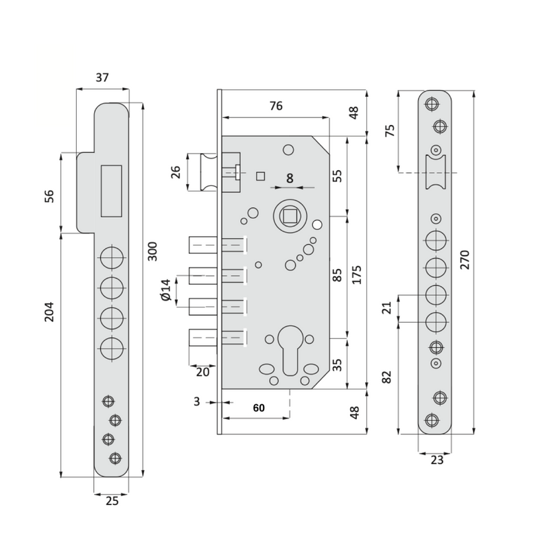 Cerradura de seguridad de 60mm canto redondo con 4 bulones de acero acabado negro