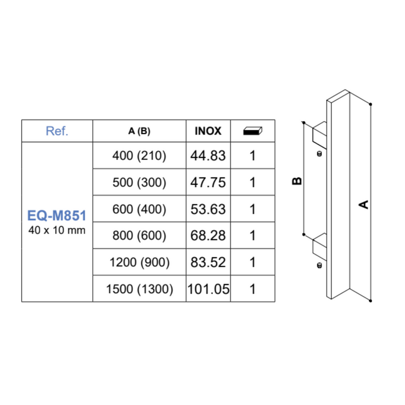 Manillón rectangular de 40x10mm 600mm entre ejes y 800 de alto inoxidable sin roseta para puertas entrada