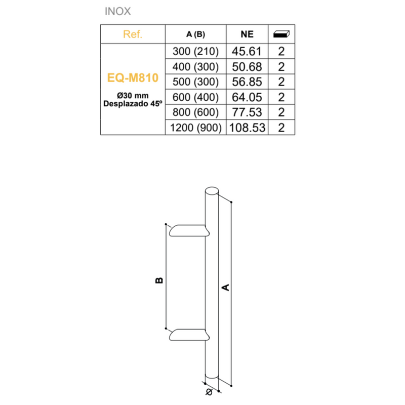 Offset tubular handle Ø30mm 900mm between axes and 1200 high stainless steel for entrance doors