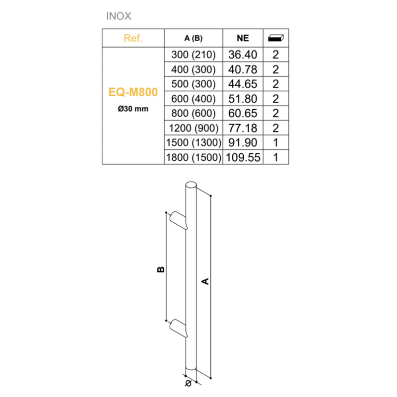 Tubular handle Ø30mm 1500mm between axes and 1800 high black stainless steel without rosette for entrance doors