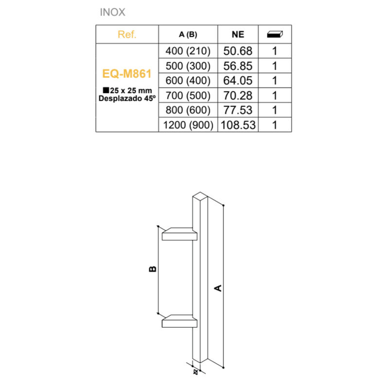 25x25mm offset square handle 600mm between axes and 800mm high black stainless steel without rosette for entrance doors