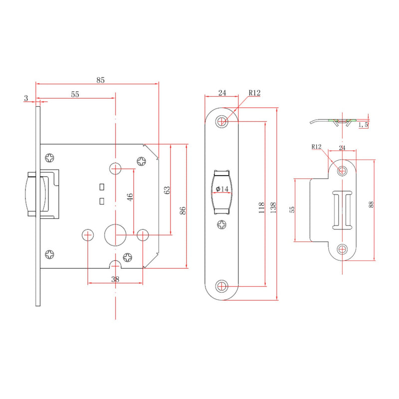 Picaporte con rodillo de vaivén con canto redondo en acabado niquelado de entrada 55mm