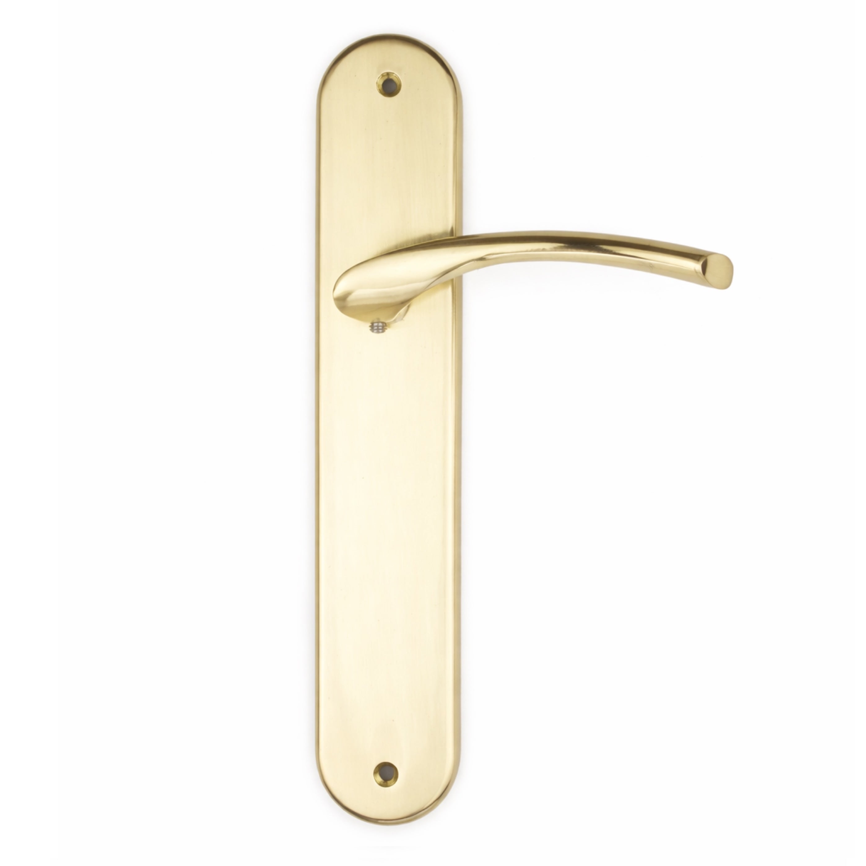 Manilla de zamak modelo '556' con placa ovalada en acabado dorado satinado para puertas