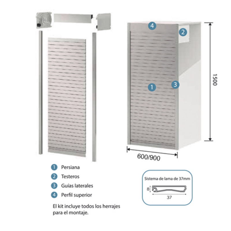 Kit persiana carbono de PVC para muebles o armarios de 600/900mm de ancho