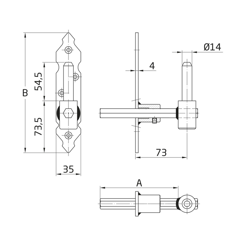 Pernio gótico regulable para pernios regulables con eje de 14mm expansible de 163 a 193mm