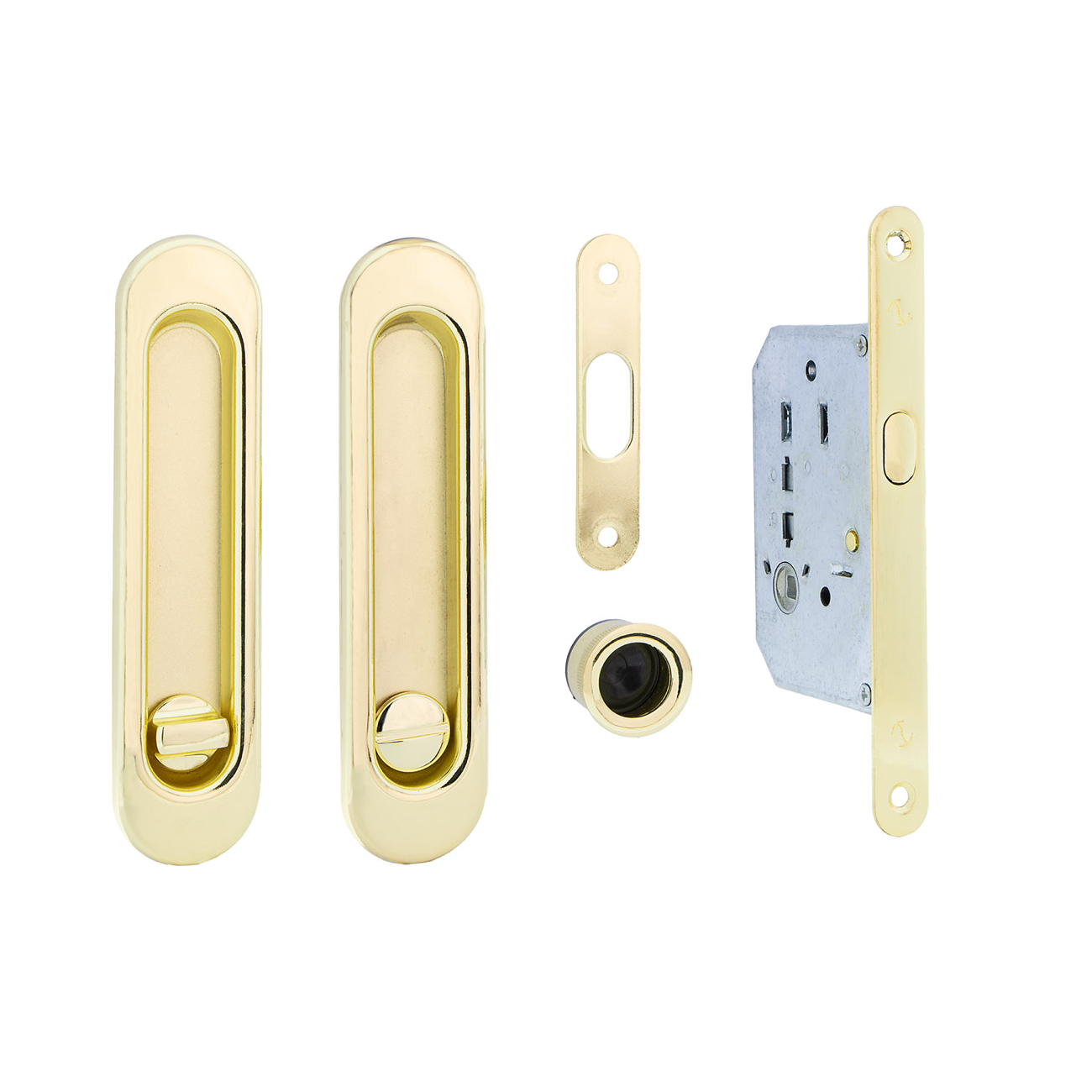 Kit para puerta corredera de picaporte más condena y uñeros ovalados en acabado dorado brillo