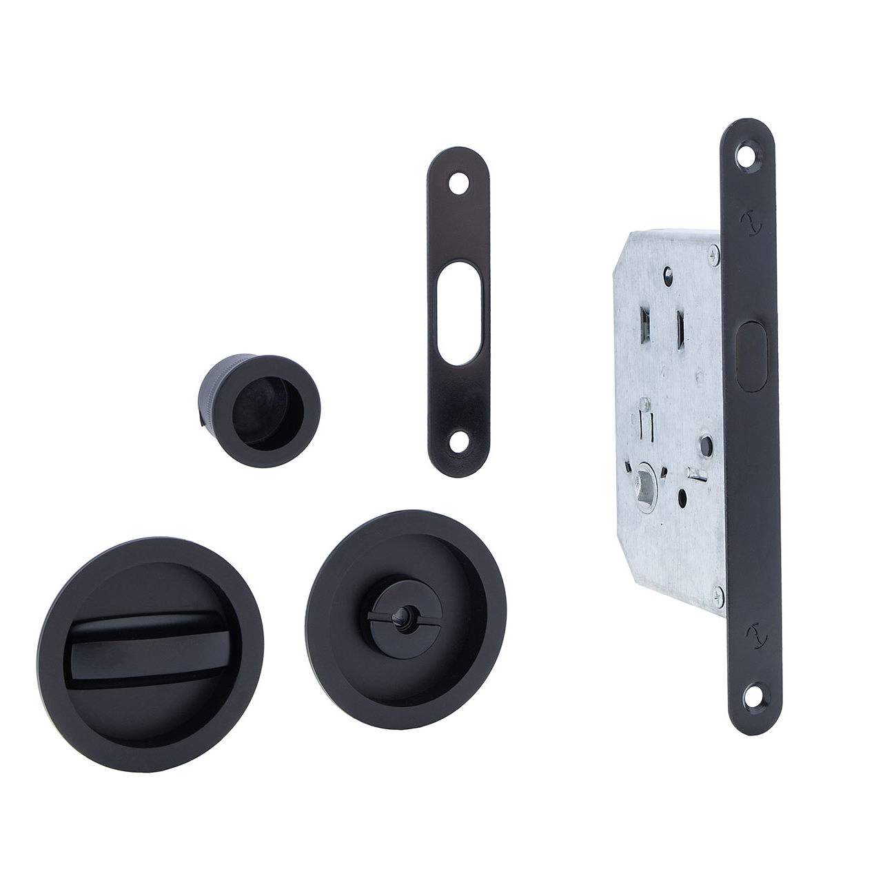Kit para puerta corredera de picaporte más condena y uñeros redondos en acabado negro
