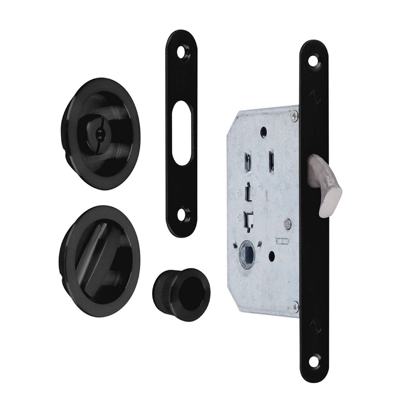 Kit para puerta corredera de picaporte más condena y uñeros redondos en acabado negro