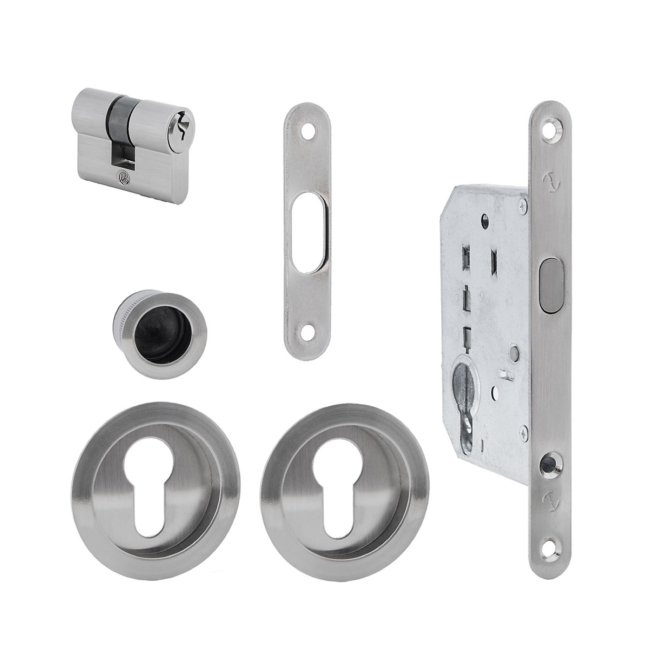 Kit para puerta corredera con cilindro en acabado níquel satinado