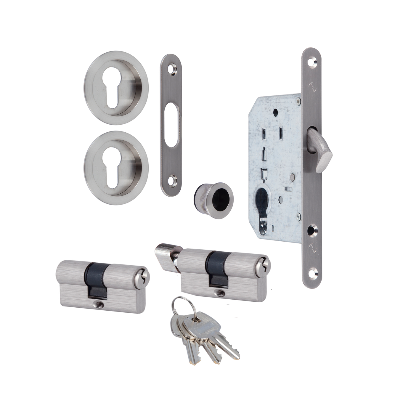 Kit para puerta corredera con cilindro en acabado níquel satinado
