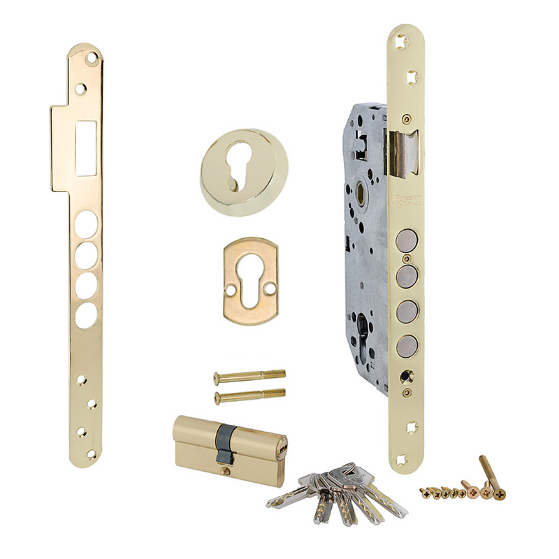 Cerradura de seguridad de 50mm canto redondo con 4 bulones de acero acabado dorado brillo