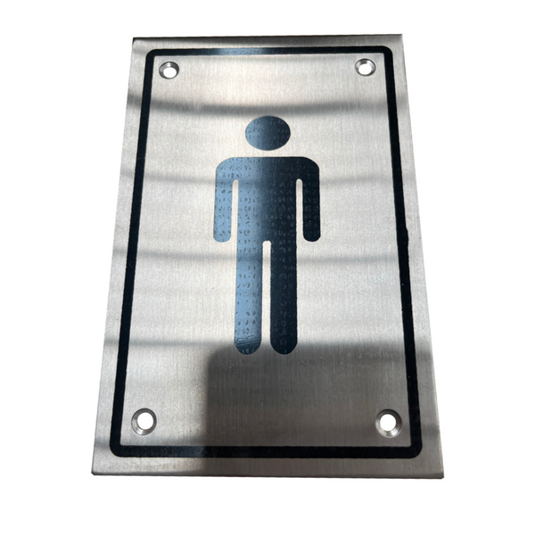 Placa rectangular de atornillar baño hombres en acero inoxidable de 15x10cm