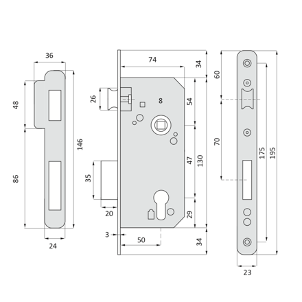 Cerradura de embutir de 47 entre ejes y 50 hasta bocallave canto recto latonado