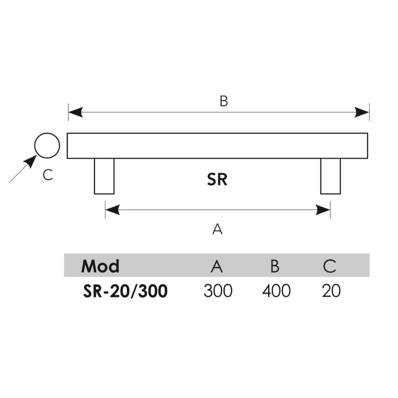 Manillón ovalado 300mm entre ejes de acero inoxidable sin roseta para puertas de cristal y de madera