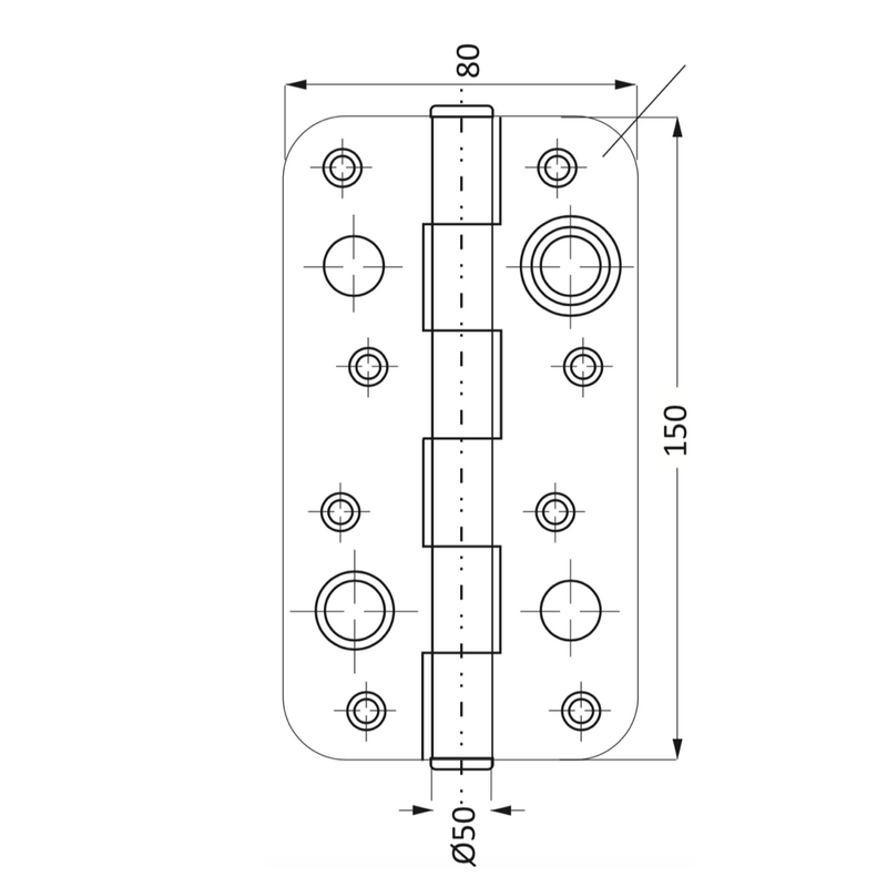 Bisagra especial de seguridad negra sin remate canto redondo para puerta blindada alto 150mm